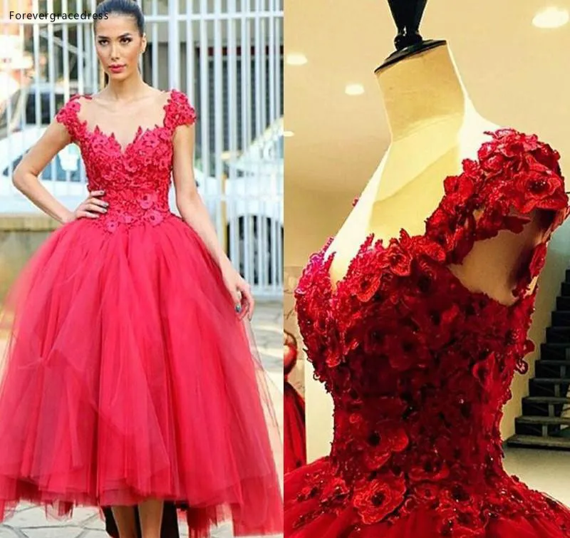 Jewel Sheer Neck 2017 Red Evening Dresses With Applique A-Line Prom Gowns Tiered Ruffle Custom Made Formal Party Dresses Tea-Length Elegant  146 (1)