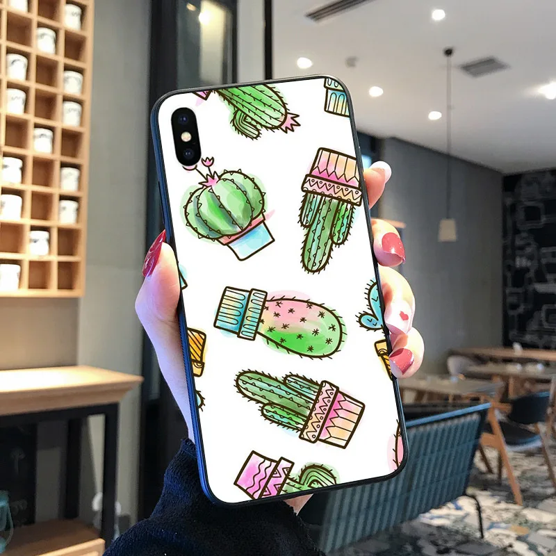 Kartun Kaktus Lembut Hitam untuk iPhone 8 7 6 6S Plus X XS MAX 5 5S SE XR 11 11pro Promax Ponsel