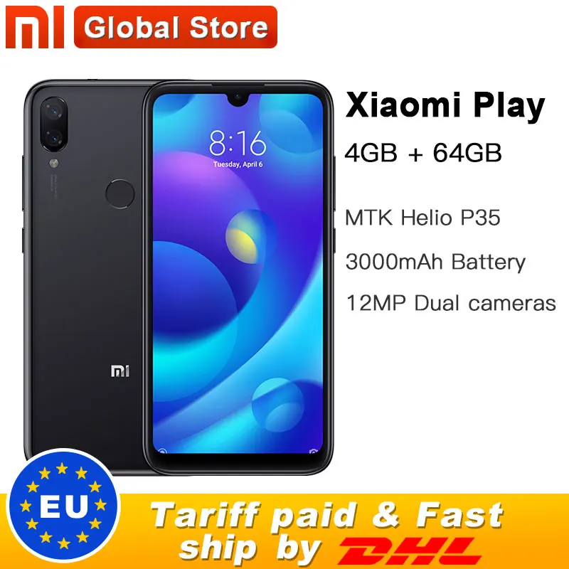 Xiaomi Mi Play, 64 Гб ПЗУ, 4 Гб ОЗУ, смартфон, четыре ядра, MTK Helio P35, телефон, 5,84 дюймов, 19:9, полный экран, двойная камера 12 Мп+ 2 МП, AI