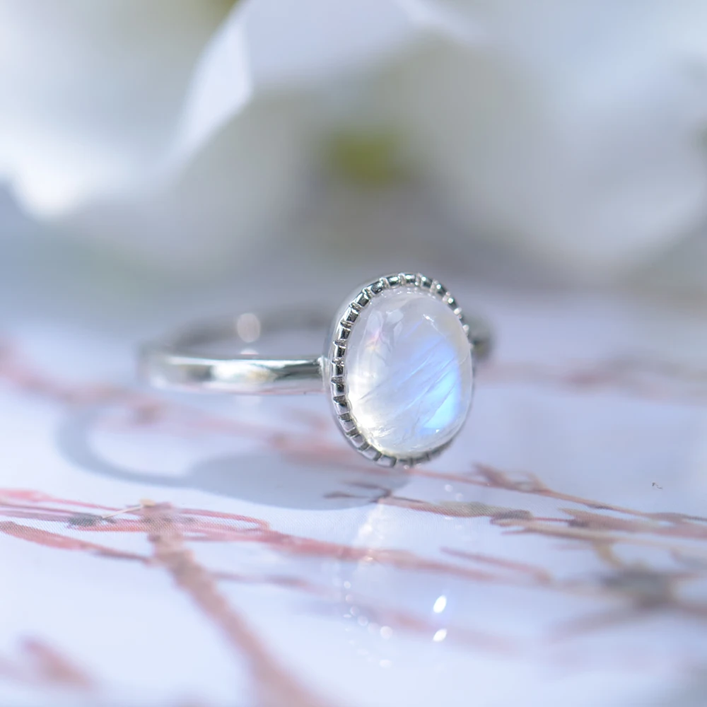 Blue Bright Moonstone Silver Rings Luxury Natural Gemstone 10mm Band Jewelry Classic Oval for Womens Lover Rings Gift silver ring silver rings gemstone ring natural stone ring