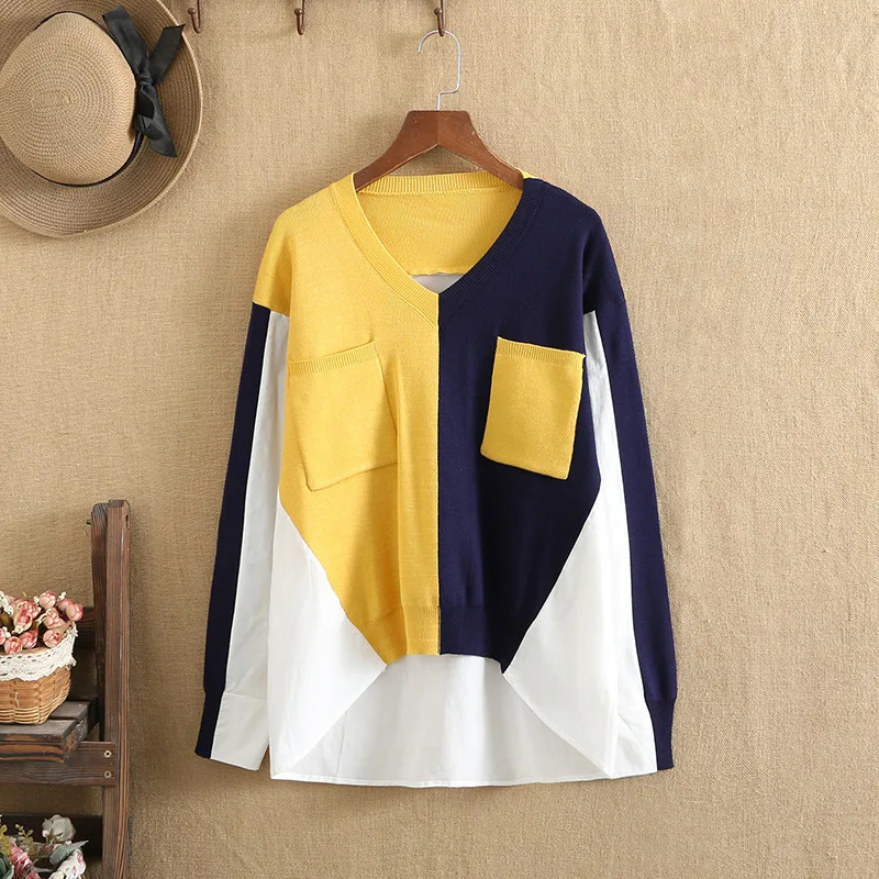 

Plus Size T Shirts O-Neck Front Knitted Cotton Color Splicing Back Cotton Fabric Long Sleeves Large Summer Clothing Fatlady Tops