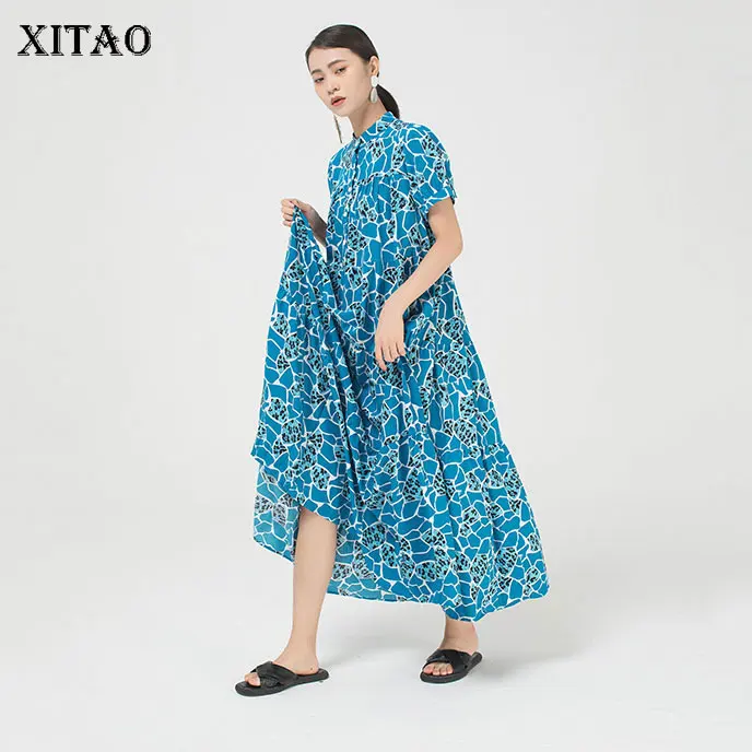 XITAO Patchwork Print Pattern Dress Women Summer Casual Fashion New Style Temperament Stand Collar Short Sleeve ZP1343 | Женская одежда