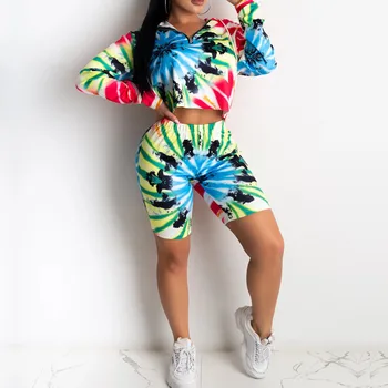 

Tie Dyeing Print Women Two-pieecs Suit 2020 Sexy Long Sleeve Hooded Sweatshirt Crop Tops High Waist Shorts Pants Sports Trousers