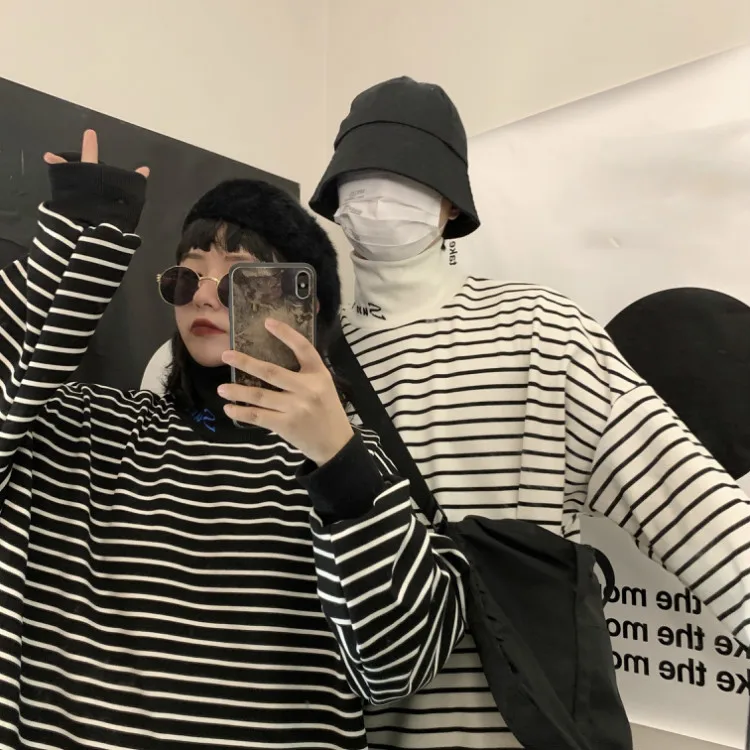 Водолазка с вышитыми буквами, полосатый Топ Harajuku, уличная одежда, графический свободный свитер, пуловер, толстовки для женщин и мужчин, корейская мода