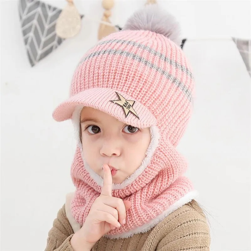 Knit Short Plush Hooded Scarf Kids Hat And Scarf Child Winter Warm Protection Ear Pom Pom Cap Scarves Girls Boy Accessories