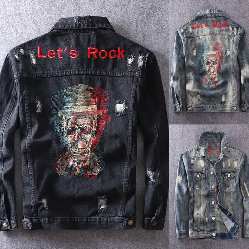 

Fashion Streetwear Men Jackets Newly Skulls Embroidery Designer Ripped Denim Jacket Men Punk Coats Slim Fit Hip Hop Jacket Homme