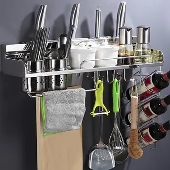 

304 Stainless Steel Wall-Mounted Kitchen Multi-Functional Storage Rack Shelf with Hanging Basket and Cups Kitchen Storage Tools