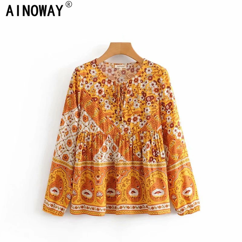 

Vintage chic hippie mujeres playa floral impresión Bohemia blusa camisa señoras manga larga suelta rayón algodón volantes Boho camisas