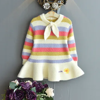 

Mihkalev Kids Dresses For Girls 2020 Autumn Knitting Striped Dress Baby Girl Thicken Wool Tutu Dress Children Clothes Costume