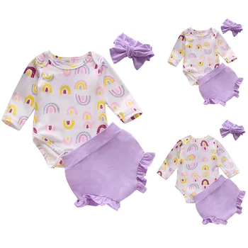 

Infant Baby Girls 3pcs Set Rainbow Printed Long Sleeve Bodysuits And Ruffles Shorts Casual Clothing Autumn Infant Girls D30