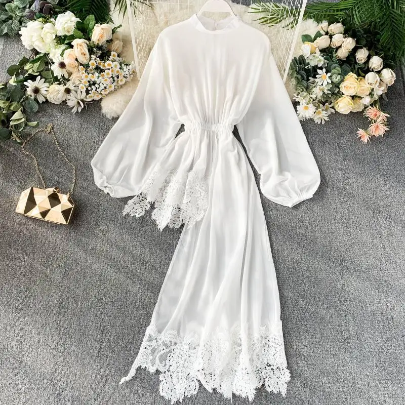 white blouse Neploe шифоновые блузки, одноцветные, с воротником-стойкой и рубашки с рукавами-фонариками Для женщин кружева лоскутное нерегулярные длинный топ; Элегантная модная обувь 90950 - Цвет: white blouse