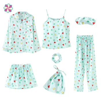 

Women's 7 Pieces Pajamas Sets Emulation Silk Geometric Printed Pyjama Women Sleepwear Sets Spring Summer Autumn Homewear W118