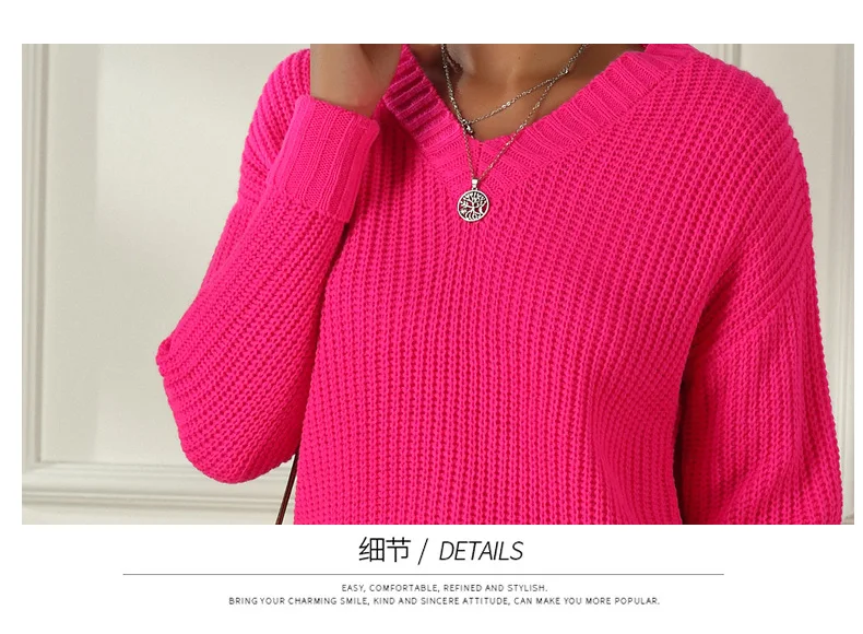 Неоновый свитер Женский вязаный зеленый Фуксия Розовый однотонный пуловер с вырезом в виде буквы V длинный Повседневный Свободный вязаный женский свитер, пуловер Джемпер