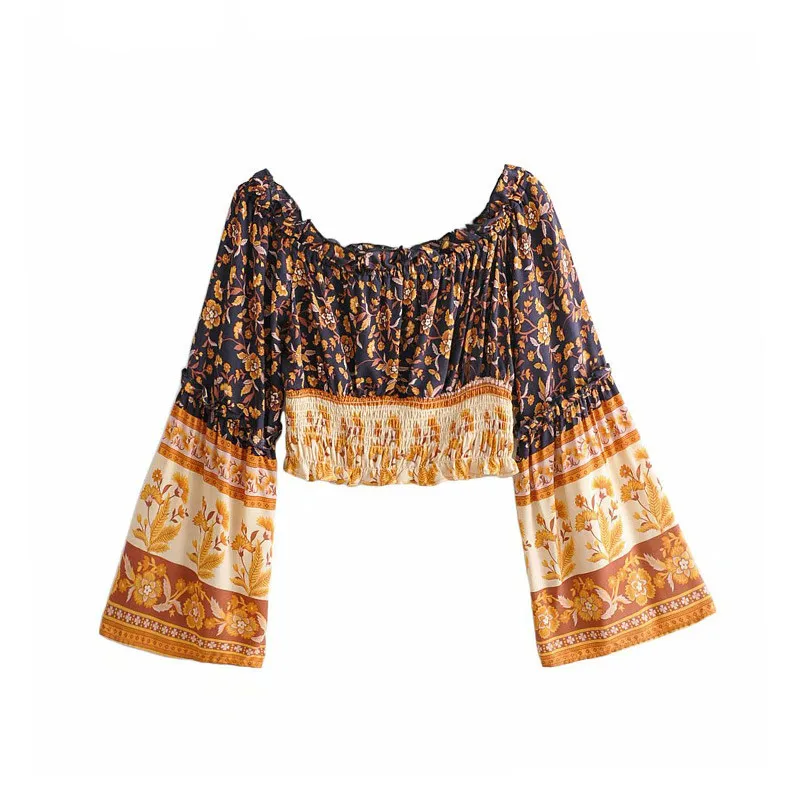 Boho Chic Off Shoulder Tops Vintage Floral Print Short Style Blouses Women 2019 Summer Fashion Slash Neck Beach Shirts Blusas |
