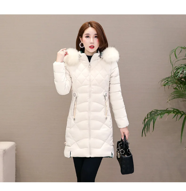 Зимняя куртка Женская Плюс Размер M-3XL искусственный меховой воротник с капюшоном Толстая зимняя одежда пуховик для женщин зимнее пальто женские тонкие парки - Цвет: Creamy-White