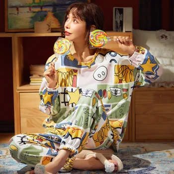 

Women 2 Pieces Cotton Pajamas Set Soft Cute Cartoons Printing Princess Sleepwear Spring Autumn Girl Home wear