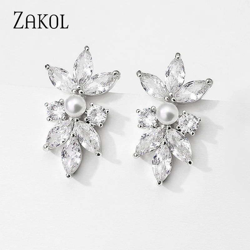 ZAKOL Fashion Simple Copper Alloy AAA Cubic Zirconia Stud Earrings for Women Cute Pearl Leaf CZ Wedding Earring Jewelry EP3156 | Украшения