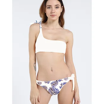 

2020 Sexy White One Shoulder Bikini 2020 Summer Swimsuit Women Swimwear Print Beachwear Bandage Bathing Suit Thong Bikinis