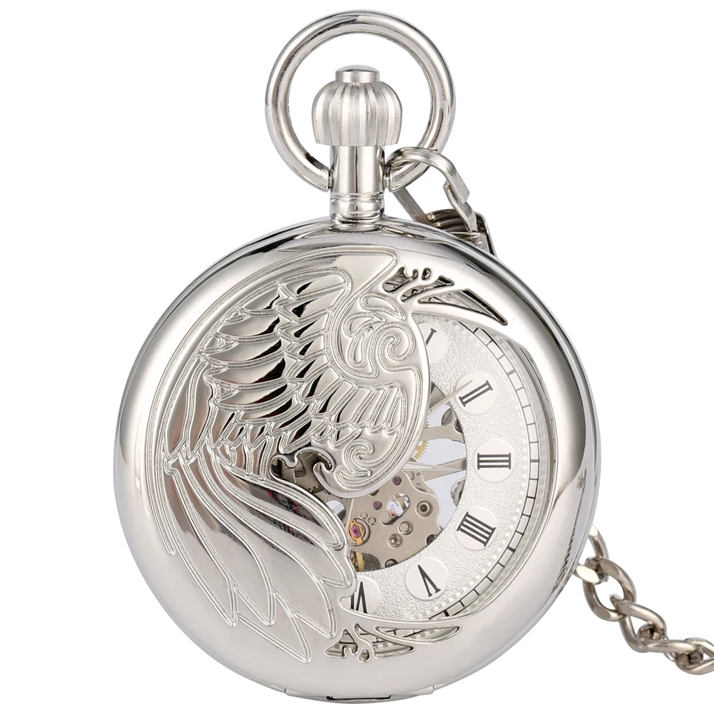 Механические карманные часы в стиле ретро, Феникс, ручной взвод, полый скелет, Серебряный чехол, брелок с цепочкой, антикварные часы, рождественские подарки