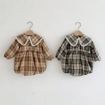 

2020 Autumn Baby Girl Bodysuit Ruffles Princess Vintage Long Sleeve Plaid Jumpsuit Baby Boy Clothings Kids Clothes
