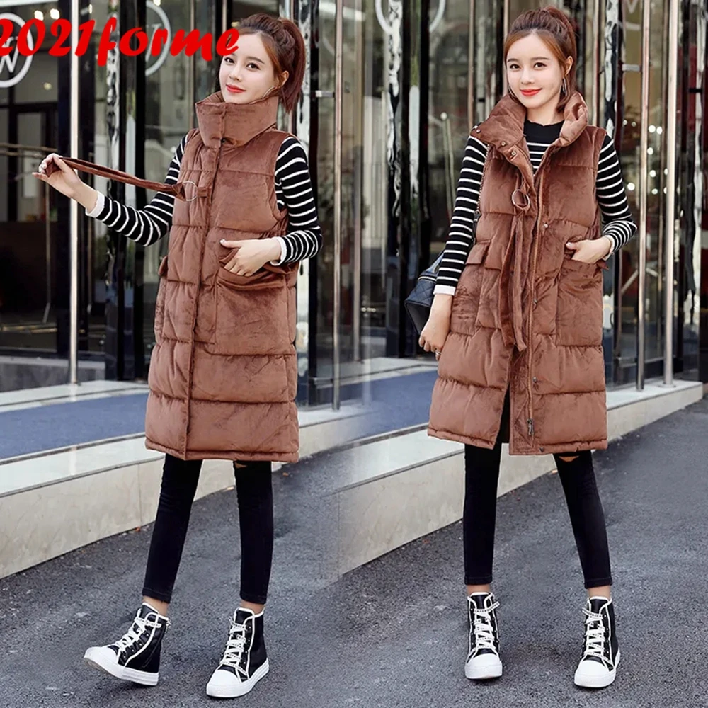 Mid Length Golden Velvet Vest Women Stand Collar Thick Women's Warm Jacket Sleeveless Jakcet Coat Female Winter Waistcoat | Женская