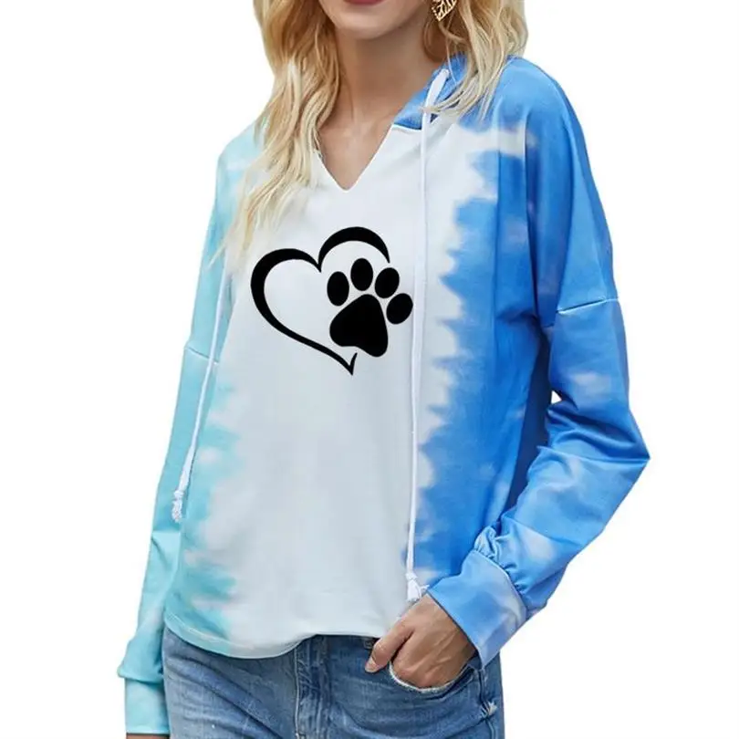 Dog Paw Print Hoodies For Women Tie-Dye Hooded Long-Sleeved Sweatshirt Tops Oversize Ladies Pullovers Women Pockets