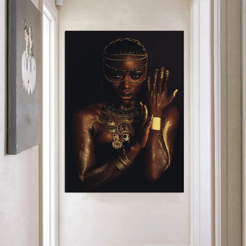 African Woman Canvas Painting Fashion Model Black Gold Poster Home Wall Art Canvas Decoration Painting Pictures
