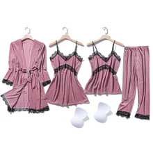 Сексуальная Дамская пижама из четырех частей, велюровый топ на бретелях, штаны, комплекты одежды для сна, Женская домашняя одежда, ночная рубашка, костюм, кимоно, халат для сна, банное платье