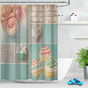 

Waterproof Fabric Romantic Rose Cake Shower Curtain Set Bathroom Hooks Custom