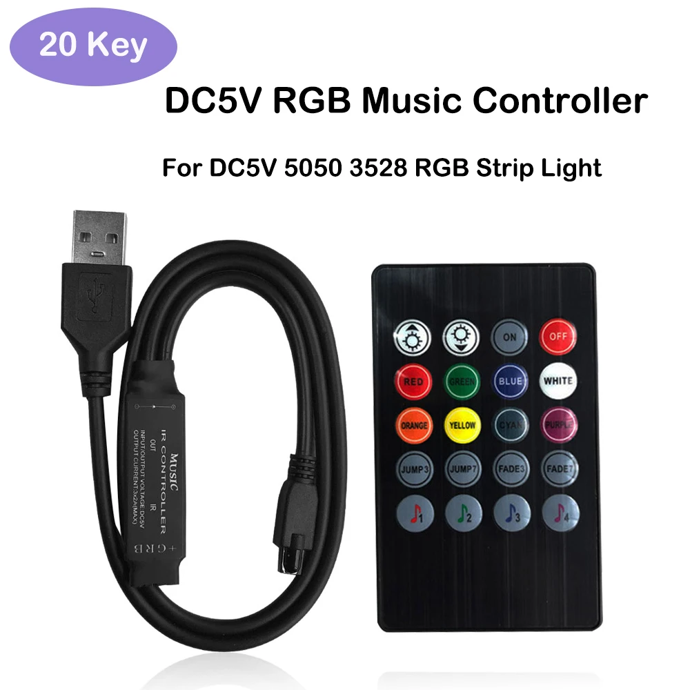 USB RGB контроллер DC5V музыкальный контроллер Мини 20 клавиш ИК пульт дистанционного управления 6A для DC5V 5050 3528 RGB ленточный светильник