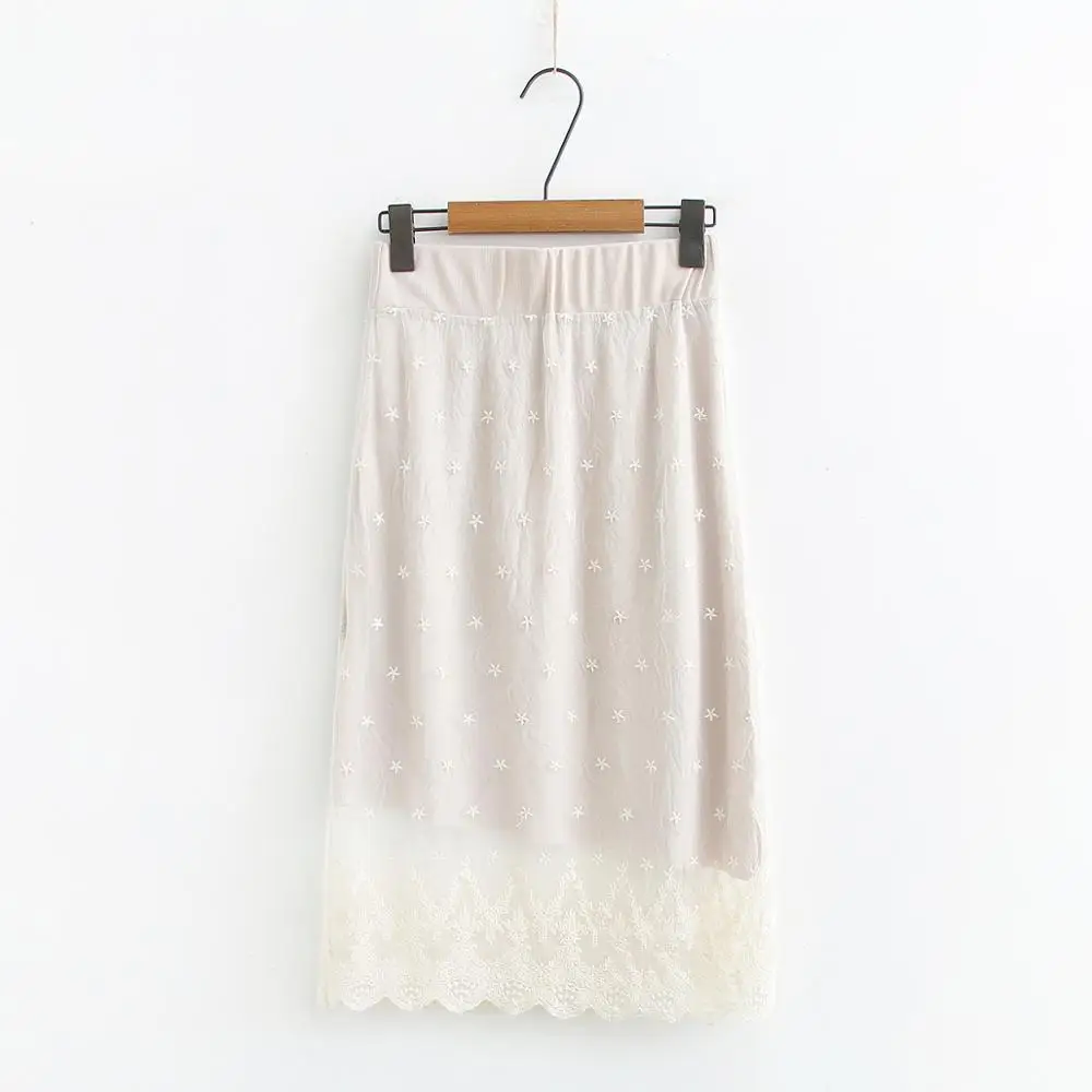 

Woman Spring Lace Skirt Black Beige Lace Crochet Two Side Wearing Way Elastic Waist Layered Calf Length Straight Skirts Female