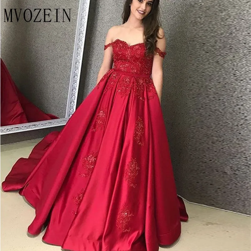 

Ball Gown Off Shoulder Sweetheart Dark Red Appliques Long Prom Dresses with Pockets Islamic Dubai Saudi Arabic Long Evening Gown