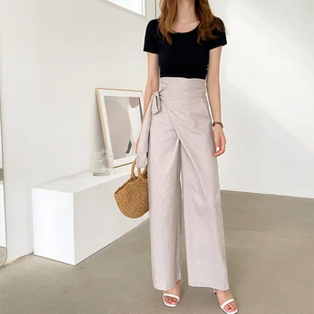 

Summer 2020 solid-color loose wide-leg pants with irregular side lace casual pants for women Temperament