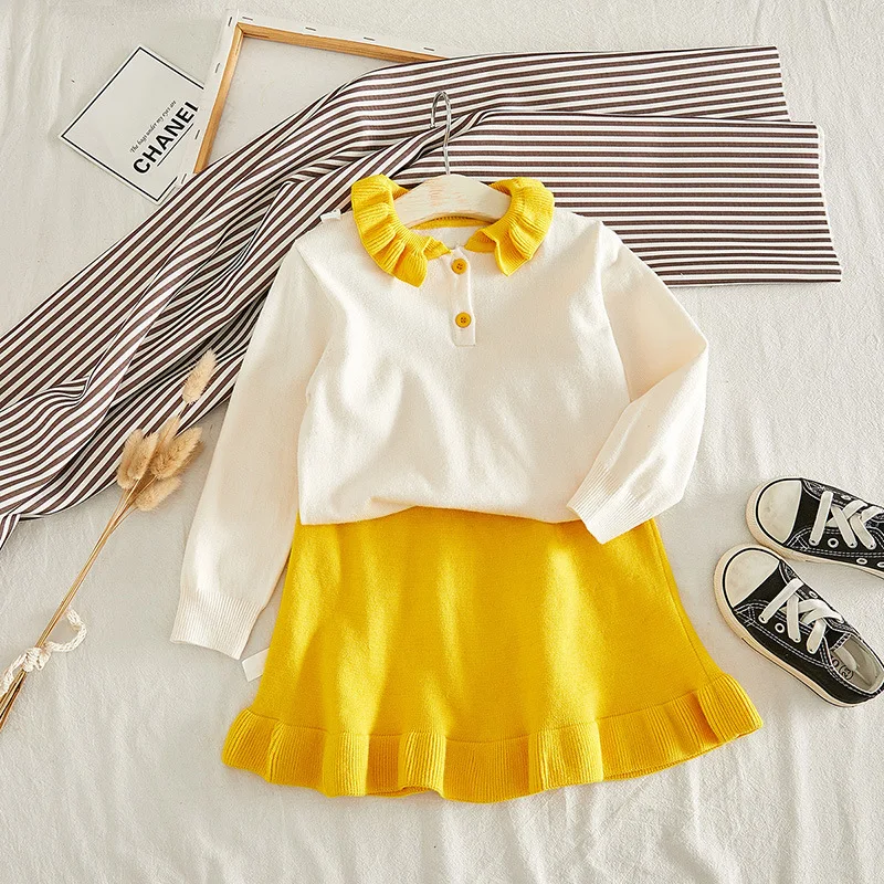 Платье для маленьких девочек Новые осенне-зимние вечерние платья одежда с длинными рукавами для маленьких девочек детское вязаное пальто, платье Детская вязаная одежда, 2 предмета