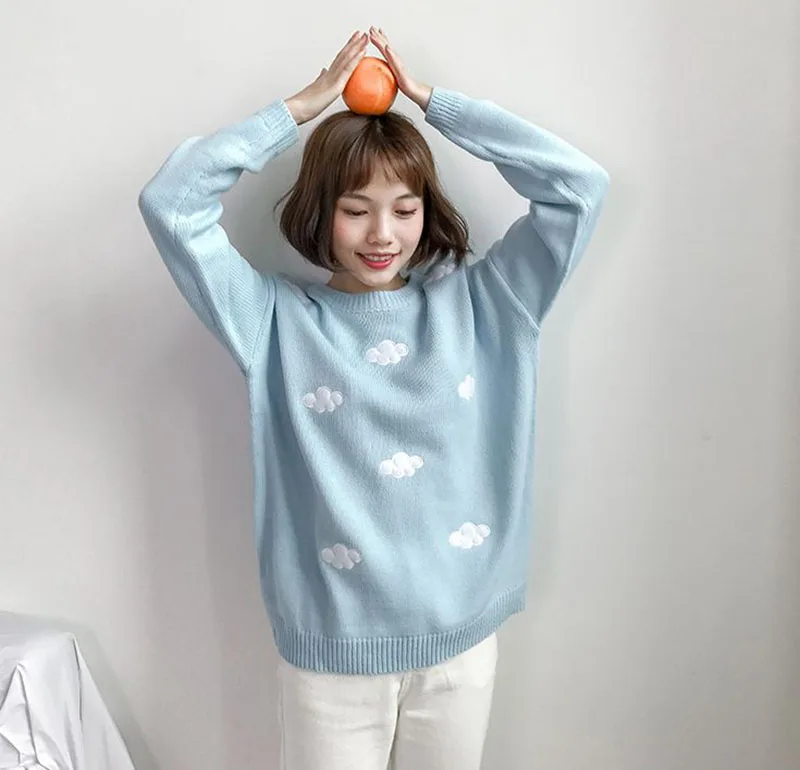 

Women's Sweatshirts Casual Knit Sweater Adults Cute Cloud Pattern Long Sleeve Round Neck Warm Pullover Streetwear Y2k