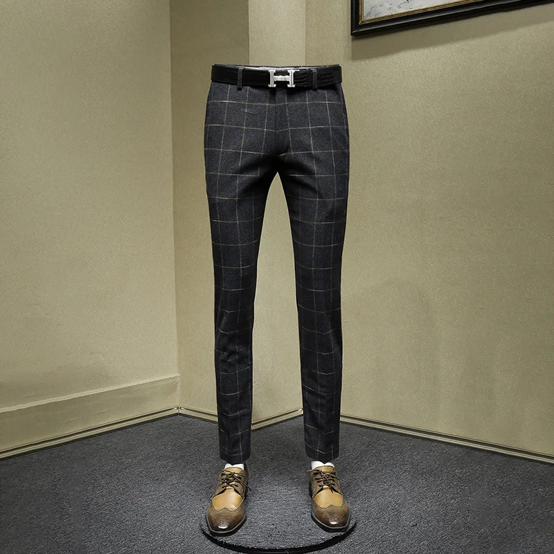 60% шерстяные мужские брюки серые клетчатые мужские уличные тонкие Умные повседневные Костюмы Брюки Офисные деловые мужские брюки осень зима