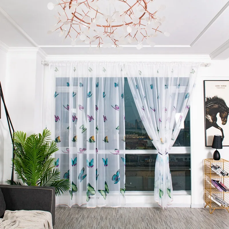 

100*200cm European Style Window Curtain Butterfly Print Sheer Window Panel Curtains Room Divider for Living Room Bedroom Kitchen