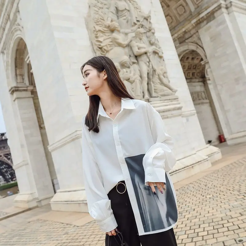 

COIGARSAM Korea Style Print Shirt Womens tops New Spring Brief Office Lady Chiffon Stand Neck Women shirts White 2813