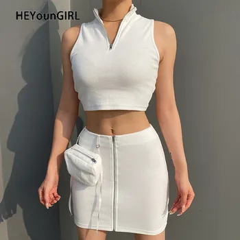 

HEYounGIRL Casual Sleeveless Crop Top and Skirt Set Black White Cargo Two Piece Set Women Fashion Summer Outfits Streetwear 2020