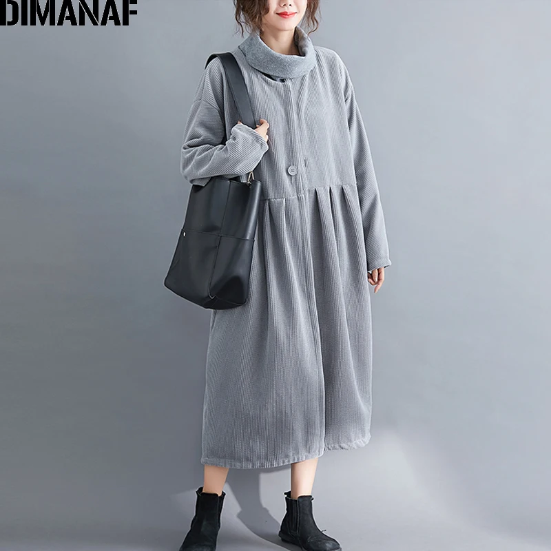 low cost DIMANAF Oversize Autumn Winter Women Jacket Coat Corduroy Fleece Vintage Female Outerwear Loose Lon