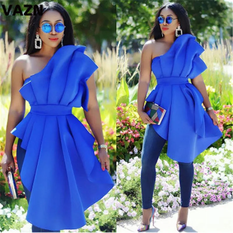 VAZN KEN21245, новинка, модные, сексуальные, вечерние, синие, с коротким рукавом, на одно плечо, со шнуровкой, открытые, женские, необычные, Длинные футболки