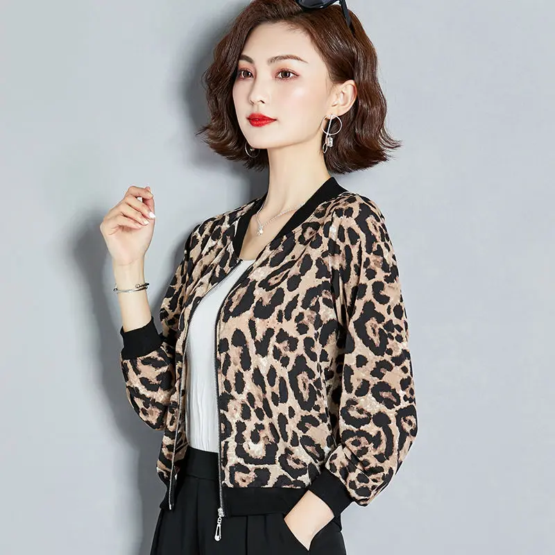 Zipper Baseball Jackets Long Sleeve/middle Sleeve Women's Summer Jacket Leopard Print New Sunscreen Loose Baseball Uniform