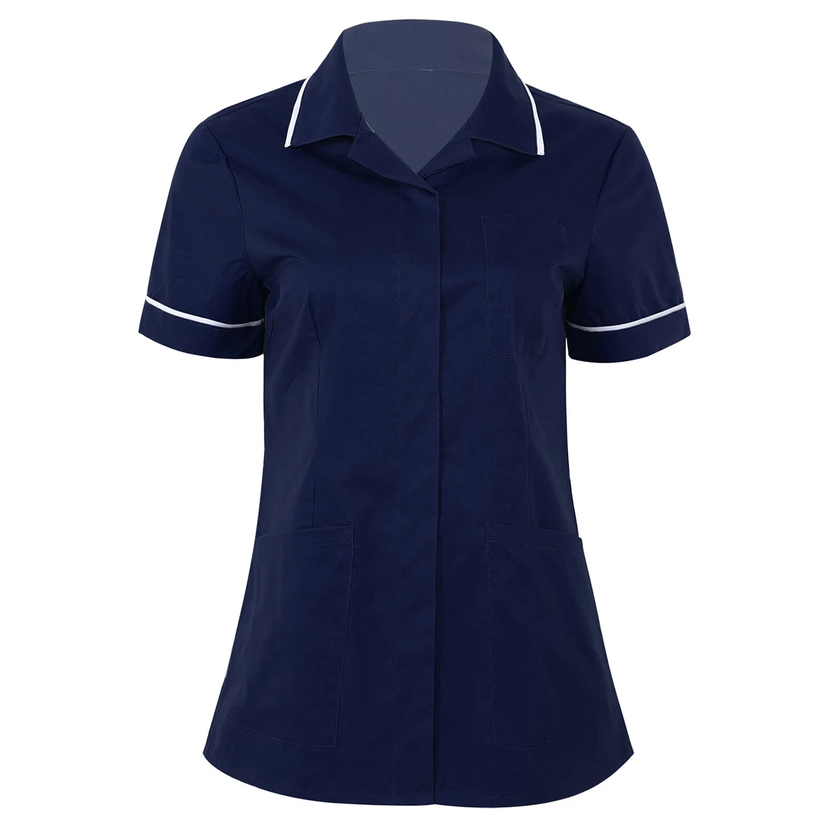Женская Медицинская туника с отложным воротником, с короткими рукавами, на пуговицах, для больниц, медсестер, терапевтов, стоматологов, рабочая одежда, Униформа, топы - Цвет: Navy Blue