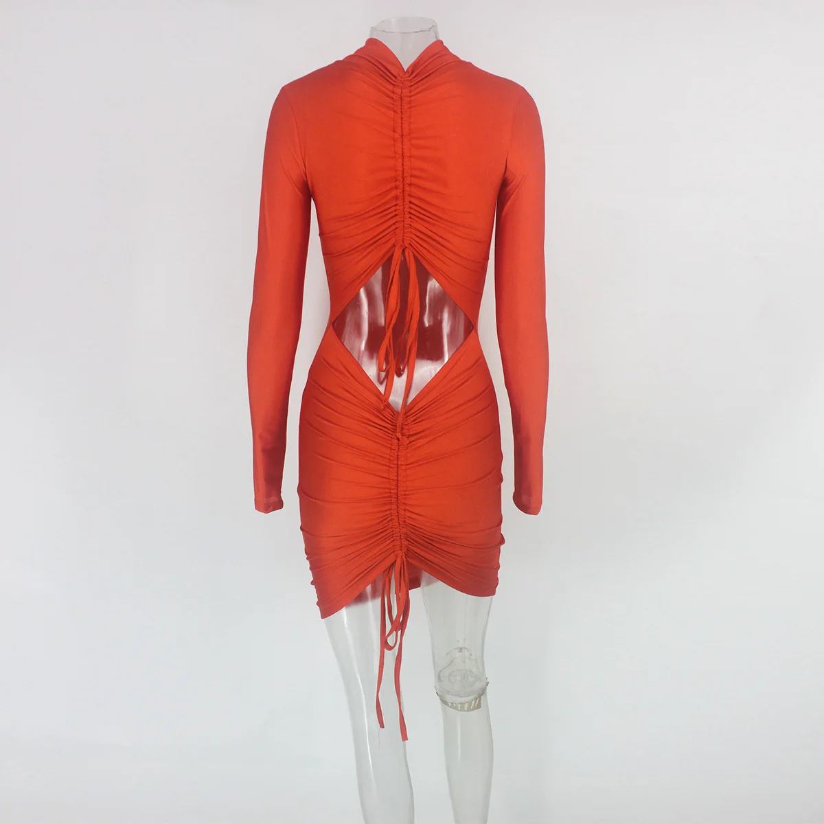 NATTEMAID плиссированная полая спина сексуальное платье осень длинный рукав ночной клуб Мини облегающее платье женское Клубное платье одежда - Цвет: Оранжевый