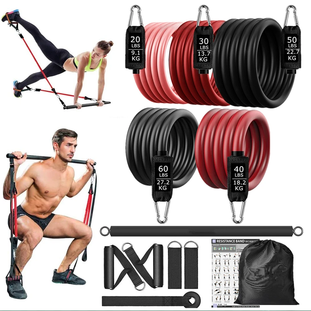 Workout Bar Fitness Resistance Bands Set Pilates Yoga Pull Rope