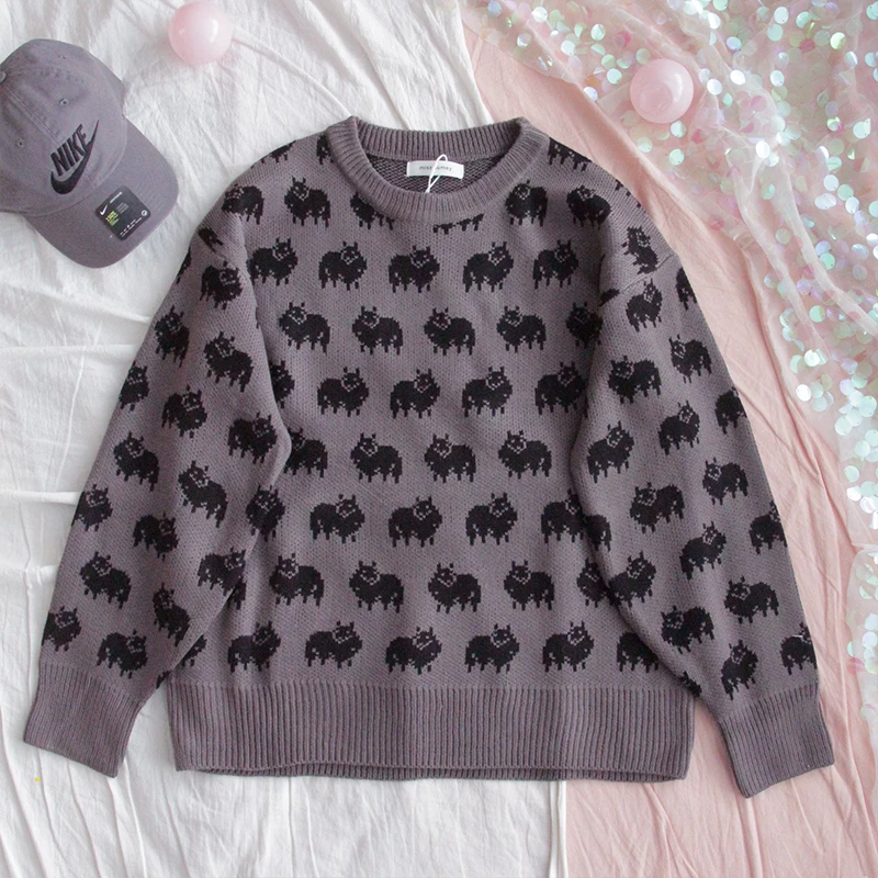 Black Gray Зимний женский милый мультяшный жаккардовый свитер для молодых девушек, свободный студенческий мягкий свитер с круглым вырезом, милый Повседневный пуловер, топы - Цвет: Black Gray