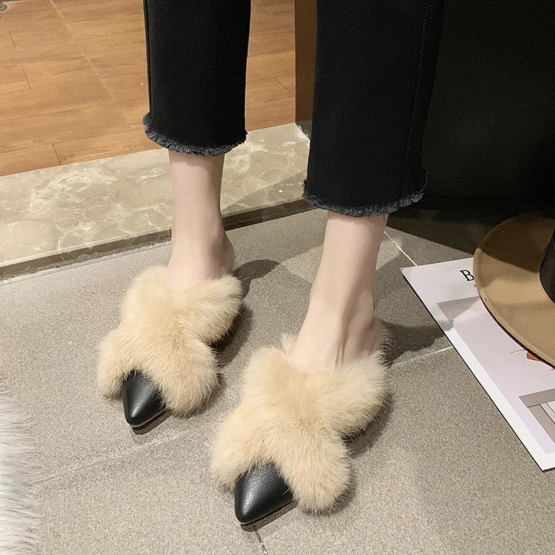 

Winter Female Keep Warm Cotton Trailer Women Pumps Fashion Square Heel Pointed Toe Slippers Shoes Woman Indoor Plush Ankle Boots