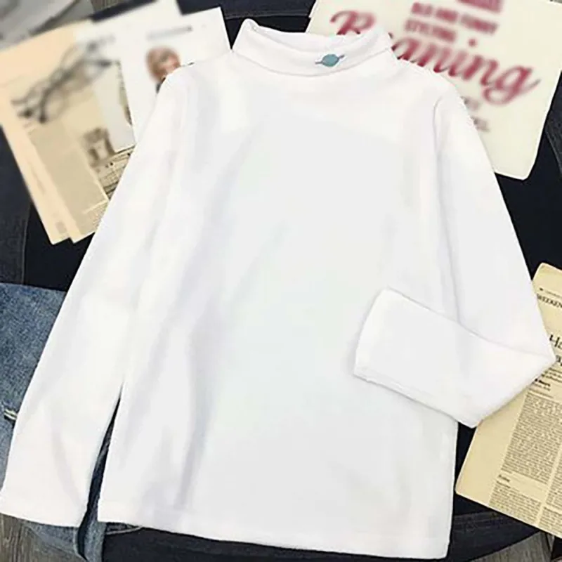 Autumn Women Fleece Planet Embroidered T Shirt Female Half High Collar T-shirt Women  Long Sleeve Tops 2