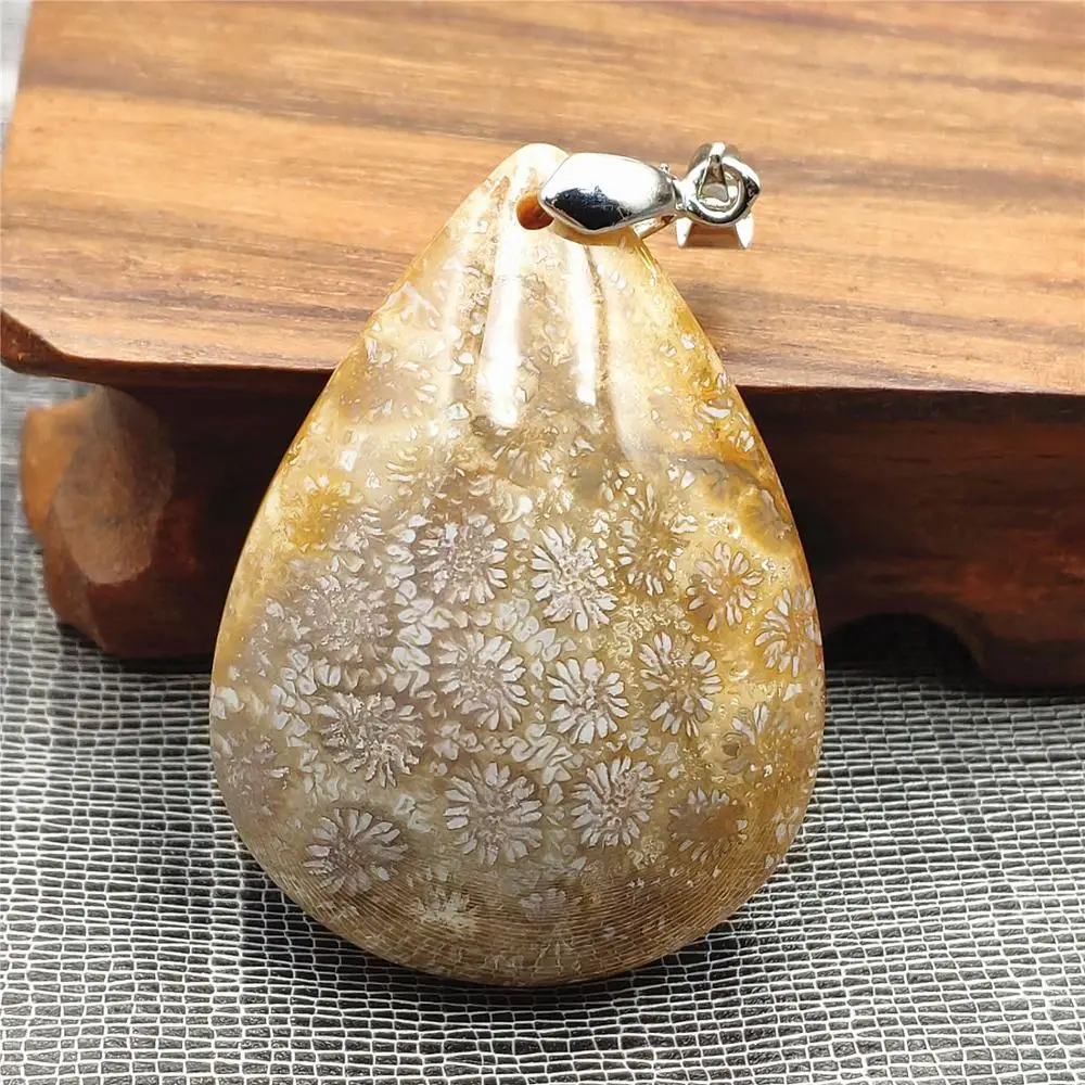 

Rare Genuine Natural Chrysanthemum Coral Pendant 43x32x13mm Women Water Drop Stone Gemstone Necklace Jewelry AAAAA