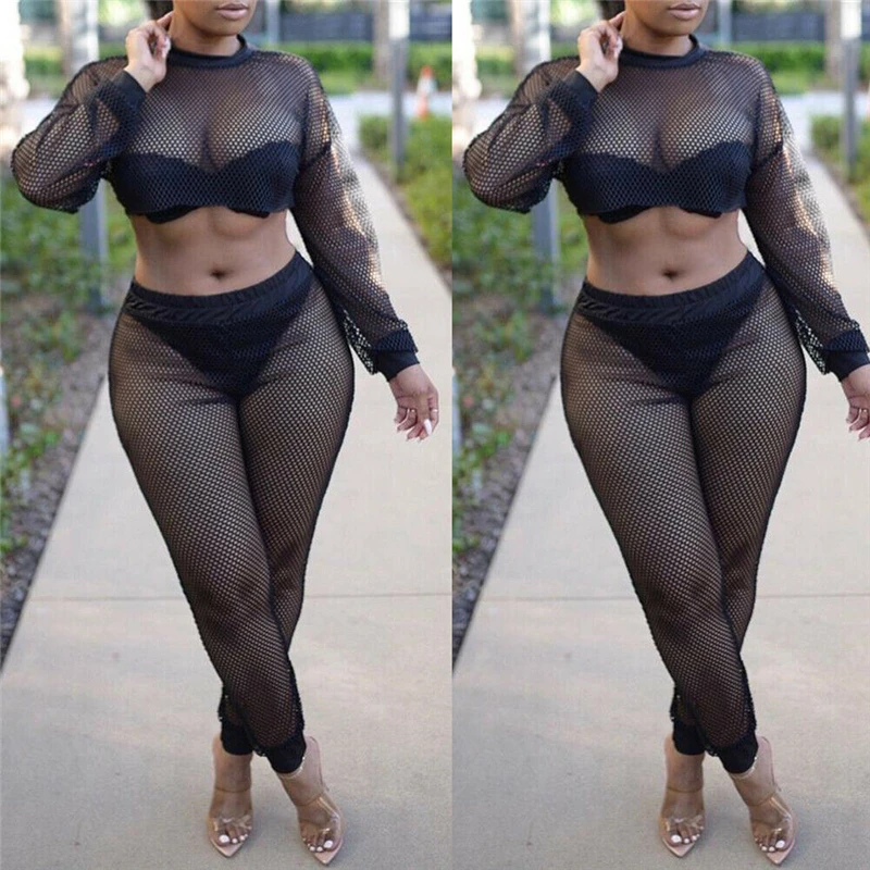 

Women Beach Wear Summer Bikini Long Sleeve Crop Top Pants Fishnet Bikini Cover Up Ladies Beach Cover Up Ropa De Playa Para